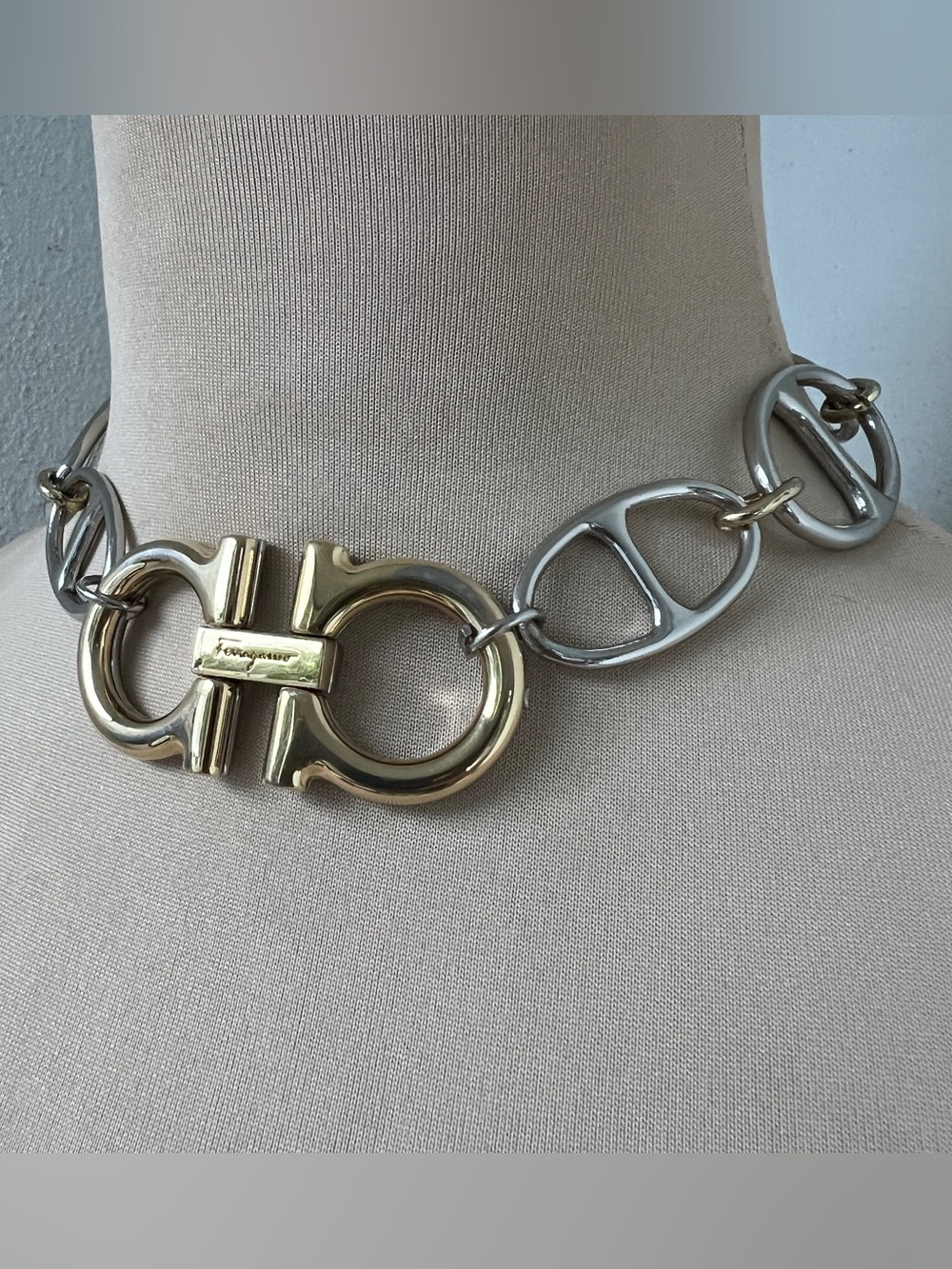 Two-tone Ferragamo x Junk You! Rescued Reversible Gucci Link Choker Necklace 16”